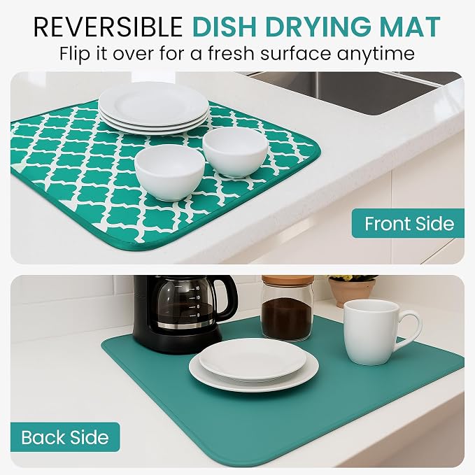 Dish Drying Mat for Kitchen Counter, Large 18 x 14 Absorbent Microfiber Pad | Machine Washable Quick Dry Kitchen Mat, Reversible Under Dish Rack Pad, Counter Protector for Dishes Pots Pans, Coffee Bar - Image 3