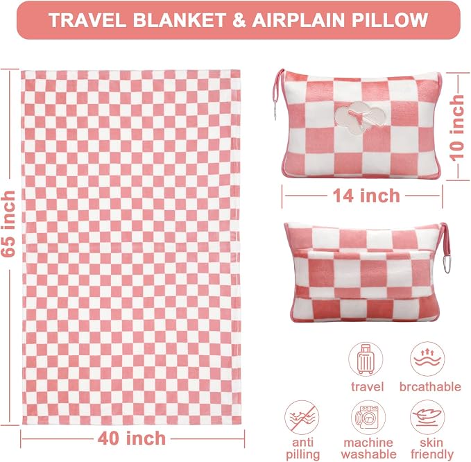 Travel Blanket and Pillow Compact, Premium Soft 2 in 1 Airplane Blanket with Soft Bag Pillowcase，Hand Luggage Sleeve and Backpack Clip (Ckeckered Pink) - Image 3