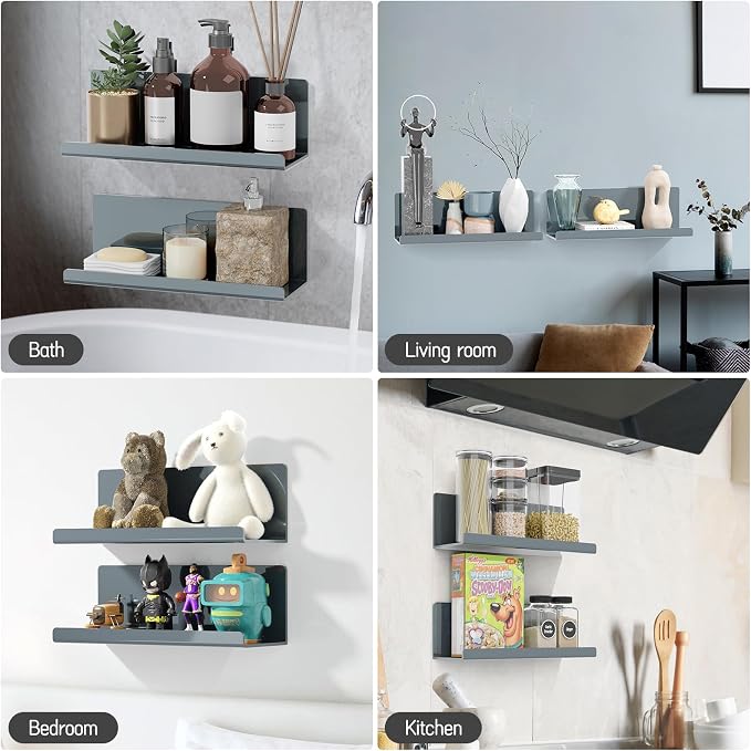 PAVSTINE Adhesive Floating Shelves for Wall No Drilling, 12 Inch Acrylic Self Adhesive Shelves, Stick on Shelves, Dorm Wall Shelf, for Bathroom, Kitchen, Bedroom, Office, Gaming Room, Gray - Image 6