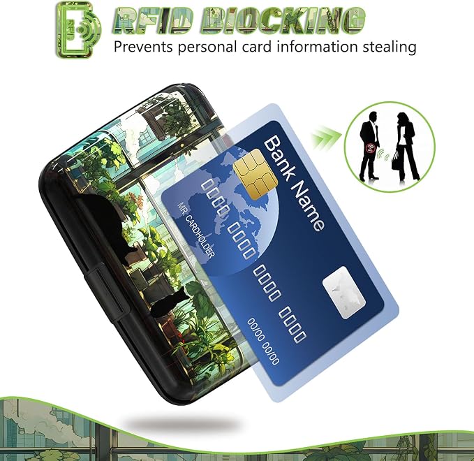Credit Card Holder, Business Card Case Mini RFID Small Aluminum Card Wallet | RFID Blocking Front Pocket Wallet Hard Case Durable Blocking Slim Metal CC Holder, Cute Green Japanese Kawaii Cat - Image 2