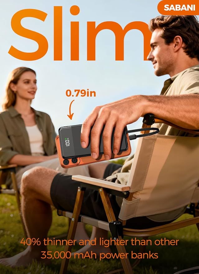 SABANI Portable Charger 35000mAh Power Bank, 4 Built in Cable Big Capacity | Ultra Slim, 22.5W Fast Charge, Travel Camping Essential, USB C External Battery Pack for iPhone Samsung Android, Black - Image 6