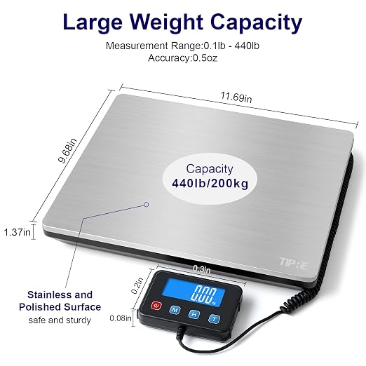 TIPRE Shipping Scale 440lbs for Packages, Heavy Duty Digital Postal Scale with LCD Display 0.35 oz High Precision Express Scale with Type-C Charging & Batteries Smart Hold/Tare for Small Business Home - Image 2