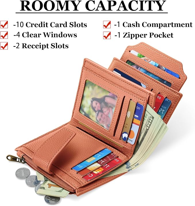 Small Wallet Women RFID Blocking Soft Leather Bifold Compact Card Holder Wallet for Women with Zipper Coin Pocket 4 ID Window - Image 2