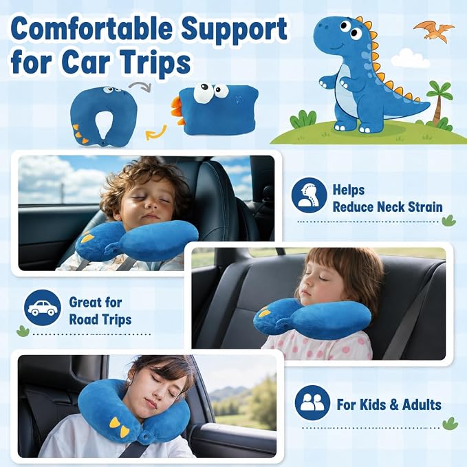 Travel Pillow for Kids & Adults Car Neck Pillow Memory Cotton U-Shaped Neck Pillow Soft Head Support Travel Accessories for Airplane Car Train Bus (Dinosaur) - Image 5