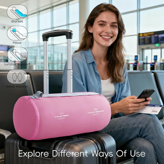 urnexttour 4-in-1 Travel Pillow & Blanket Set with Eye Mask, Memory Foam Neck Support, 50x65 Inch Blanket, Storage Bag for Airplane, Car, Train, Home Travel Pink - Image 7