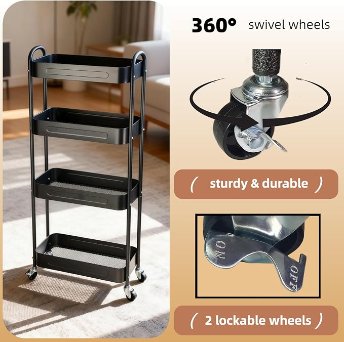 4 Tier Slim Storage Cart with Wheels for Laundry Room Between Washer and Dryer, 7.1'' Narrow Rolling Cart with Wheels and Lockable Casters, Metal Thin Standing Shelf for Small Space, Black - Image 3
