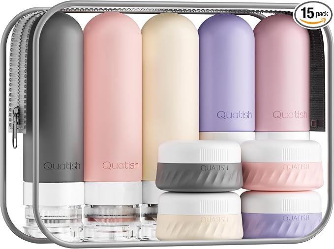 Quatish 15 Pack Travel Bottles for Toiletries, Original Patented, TSA Approved Travel Size Containers, Leak Proof Silicone Shampoo and Conditioner Bottles Women & Men, Airplane Essentials, Dusty Pink by Quatish