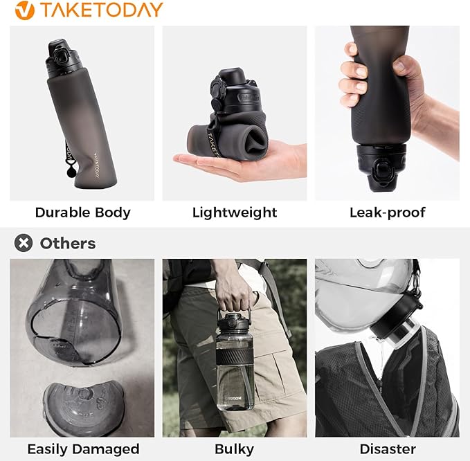 TakeToday Collapsible Water Bottles, Foldable for Travel, 32oz, Black | Compact Foldable Travel Bottle with Straw, TSA-Approved Leakproof Silicone, BPA-Free for Hiking & Outdoors - Image 2