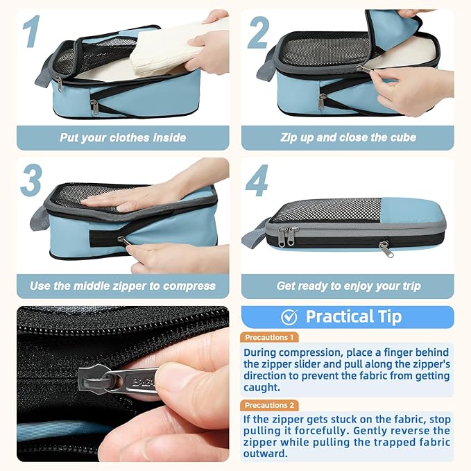 BAGAIL 4 Set/6 Set/8 Set Compression Packing Cubes Travel Accessories Expandable Packing Organizers (Half Mesh, 6-Dusty Blue) - Image 3