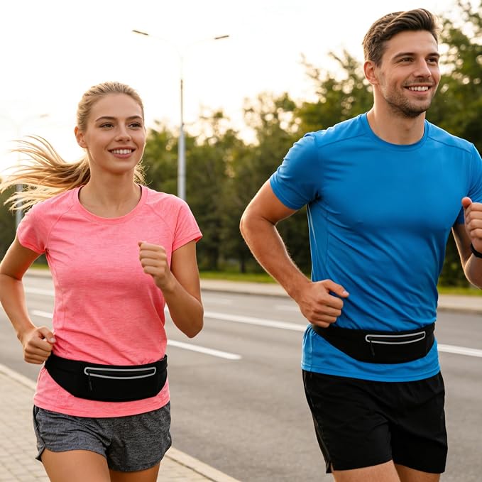 Slim Running Belt for Women Men,Phone Holder Waist Pack,Runners Fanny Pack | No-Bounce,Sweat-Proof Pocket,Travel Money Pouch for Gym/Hiking/Cycling,Three pocket,Two Highly Reflective Strips - Image 2