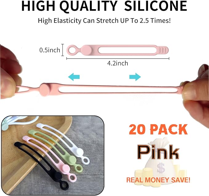 UMUST 20Pcs Silicone Cable Ties, Cable Management Cord Organizer Pink | Reusable Cord Ties, Cable Strap Tie for Bundling Electronics Wire,Home Office Travel Essentials Accessories 4.2inch - Image 2