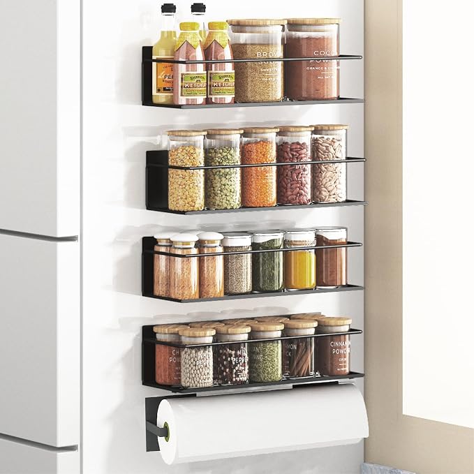 Magnetic Spice Rack For Refrigerator, Magnetic Fridge Shelf For Kitchen, Magnetic Shelf For Fridge Space Saving Black 4 Pack With Magnetic Paper Towel Holder by Roysili