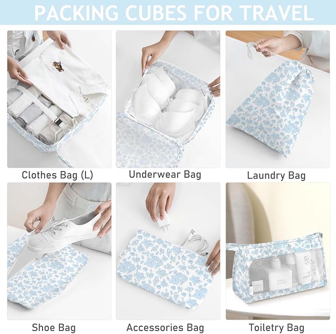 8 Set Packing Cubes for Travel, Luggage Packing Organizers Accessories Large Toiletries Bag for Clothes Shoes Cosmetics (Blue Flower) - Image 4