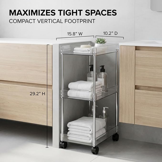 American Dream Acrylic 3-Tier Rolling Cart with Wheels, Chrome & Clear Utility Storage Trolley, Mobile Organizer for Kitchen, Bathroom & Office - Image 2