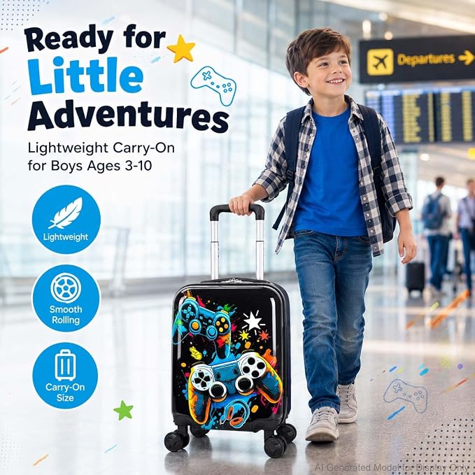 UFNDC Lightweight Hardshell Spinner Kids Suitcase Set 2PCS with Wheels - Airplane Approved Carry-On Luggage for Boys & Children Ages 3-10, Fun Game Rolling Suitcases for Elementary Toddler Travel - Image 9
