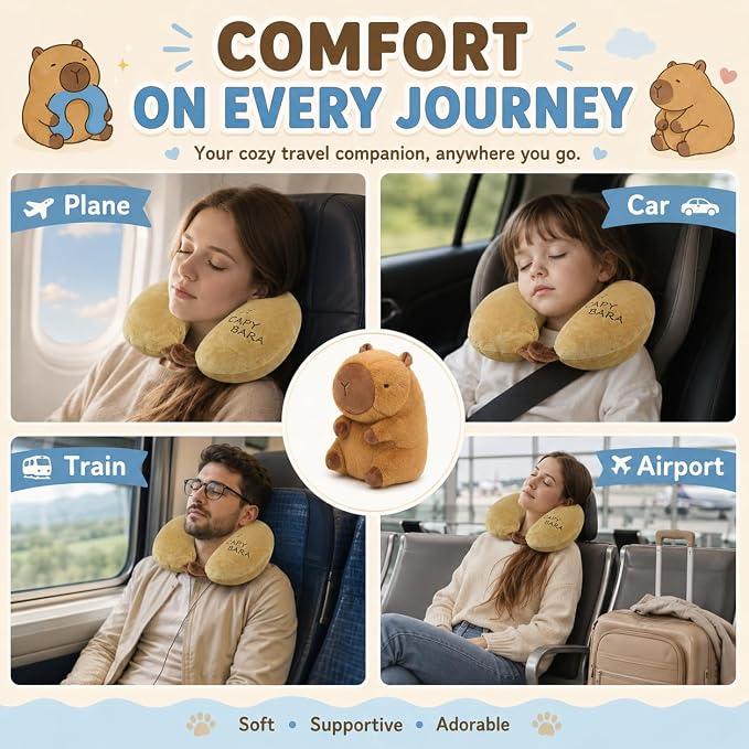 Capybara Travel Pillow for Kids & Adults Car Neck Pillow Memory Cotton U-Shaped Neck Pillow Soft Head Support Travel Accessories for Airplane Car Train Bus Airplane Pillow - Image 9