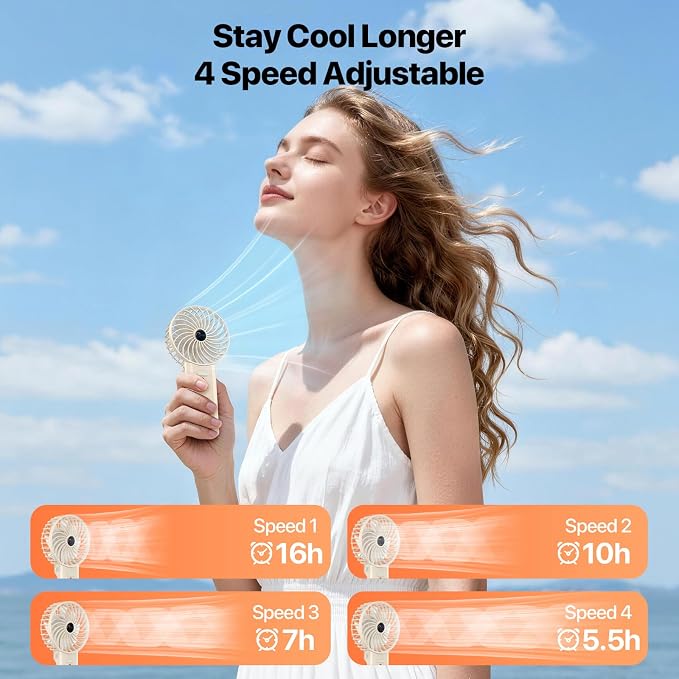 Portable Handheld Fan with Neck Lanyard, Beige | 180° Foldable, 4 Wind Speeds, 16 Hours Battery Life, Low Noise, USB-C Rechargeable, Weighs only 106g, Removable Mesh Cover - Image 2