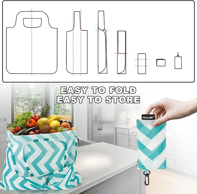 HOLYLUCK Reusable Grocery Bags,Heavy Duty Foldable Shopping Tote Bag (Standard, Green wave) - Image 5