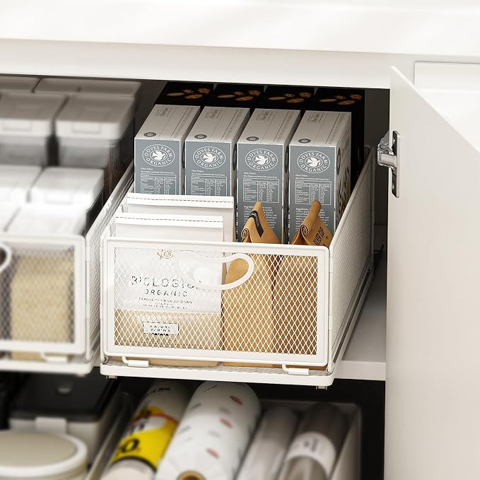 Pull Out Cabinet Organizer, No Drill Adhesive Sliding Drawers for Kitchen, Metal Mesh Wire Storage Shelf for Pantry & Under Sink, White (9.6" W x 15.7" D x 6.1" H) by AmzAgeHomeKitchen