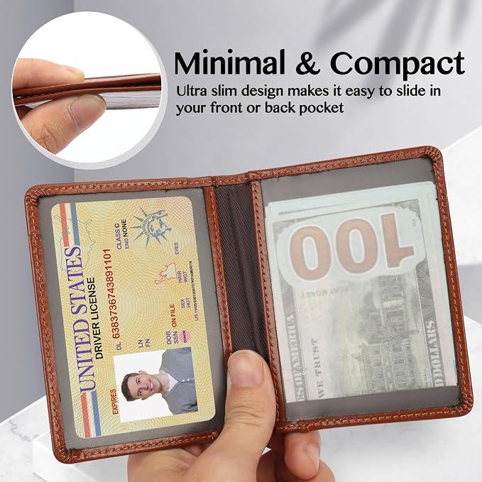 Unaone Slim Minimalist Wallet - Premium Leather Card Holder RFID Blocking Card Case with 8 Card Slots and 2 ID Window, Crackle Brown - Image 5