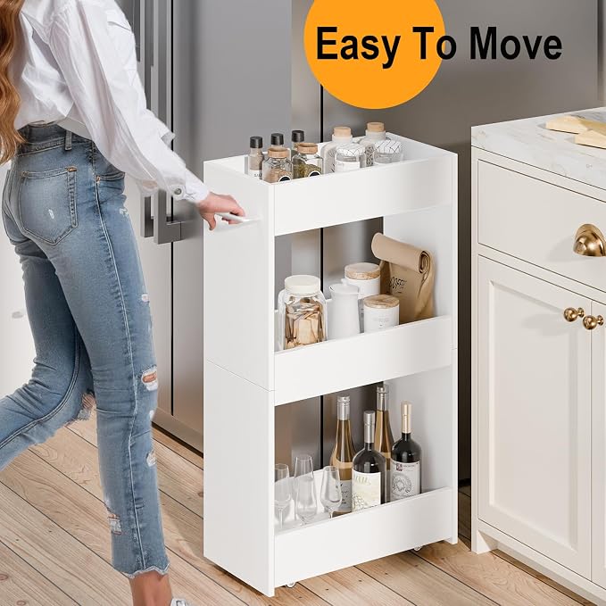 MARTY Slim Rolling Storage Cart 7.9" W Laundry Cart with Wheels,Wood, White | Narrow Utility Cart Between Washer and Dryer, 3 Tier Mobile Shelving Unit for Kitchen, Laundry, Bathroom, Office, Living Room - Image 2