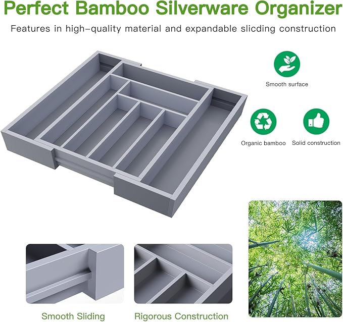 Pipishell Bamboo Expandable Drawer Organizer for Utensils Holder, Adjustable Cutlery Tray, Wood Drawer Dividers Organizer for Silverware, Flatware, Knives in Kitchen, Bedroom, Living Room(M-Grey) - Image 5