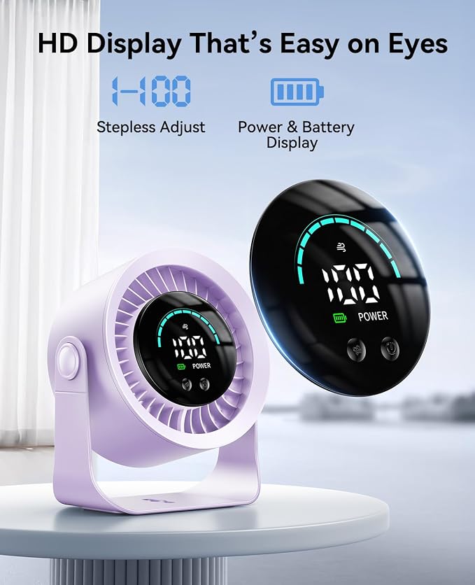 DIGIX Portable Desk Fan, 100 Speeds, 360° Rotation, USB Rechargeable | Quiet LED Display Table Fan with Wall Mount Design. Small Personal Cooling Fans for Home, Bedroom, Office & Travel, Purple - Image 7
