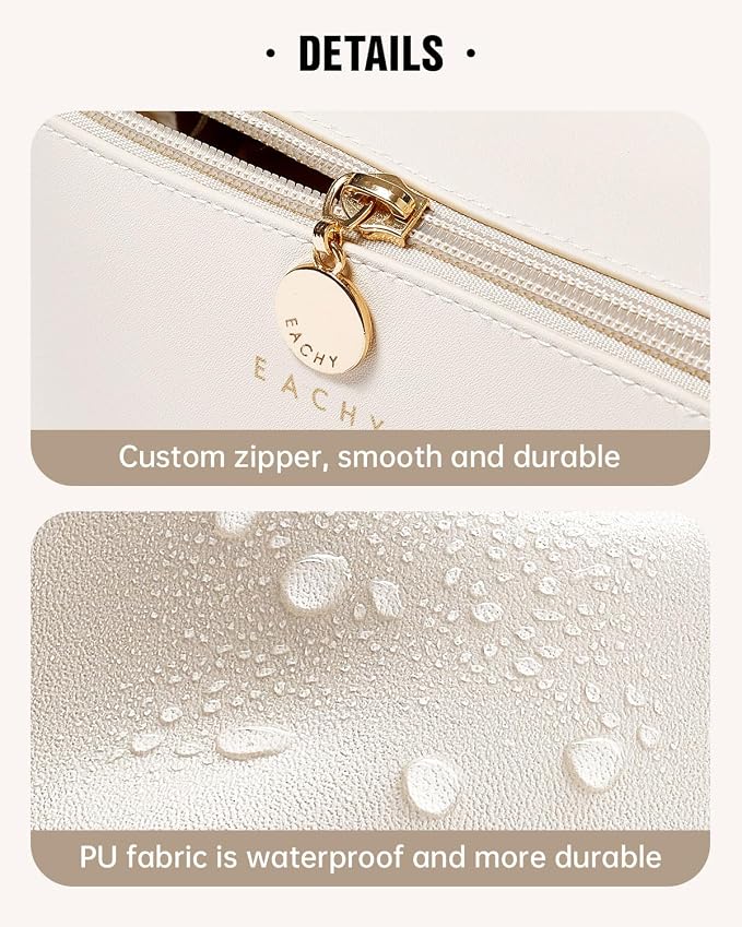 EACHY Travel Makeup Bag for Women, PU Leather Cosmetic Bag, White, Medium | Water-resistant PU leather exterior with flat-open access, clear TPU brush compartment and organized storage for cosmetics - Image 5