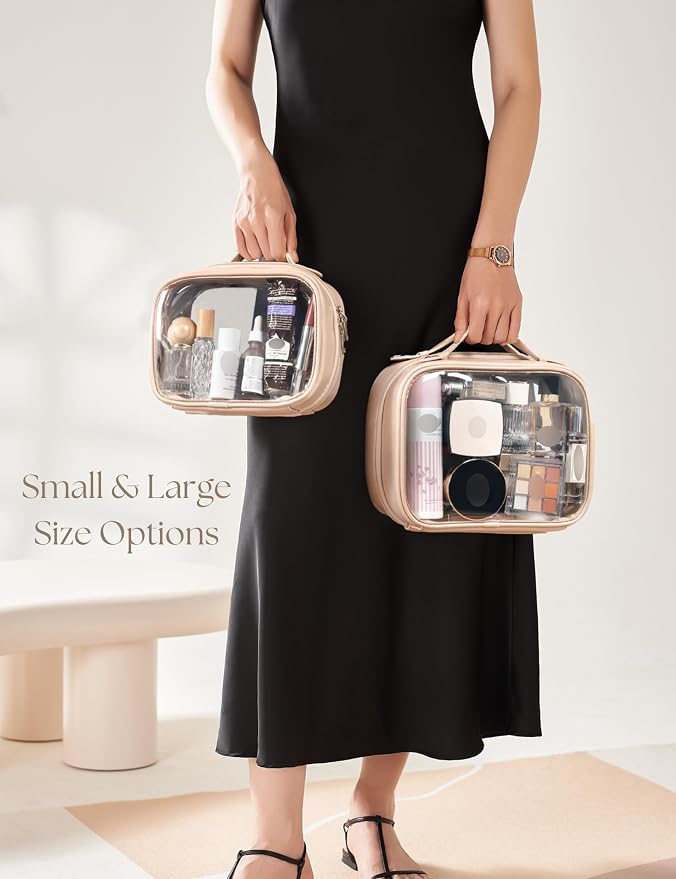 Clear Cosmetic Bag Double Layer 4 Compartments Travel Toiletry Bag Clear Makeup Bag Case with Zipper Transparent Travel Bag for Toiletries, Gift for Women Girls (Taupe, Small) - Image 9