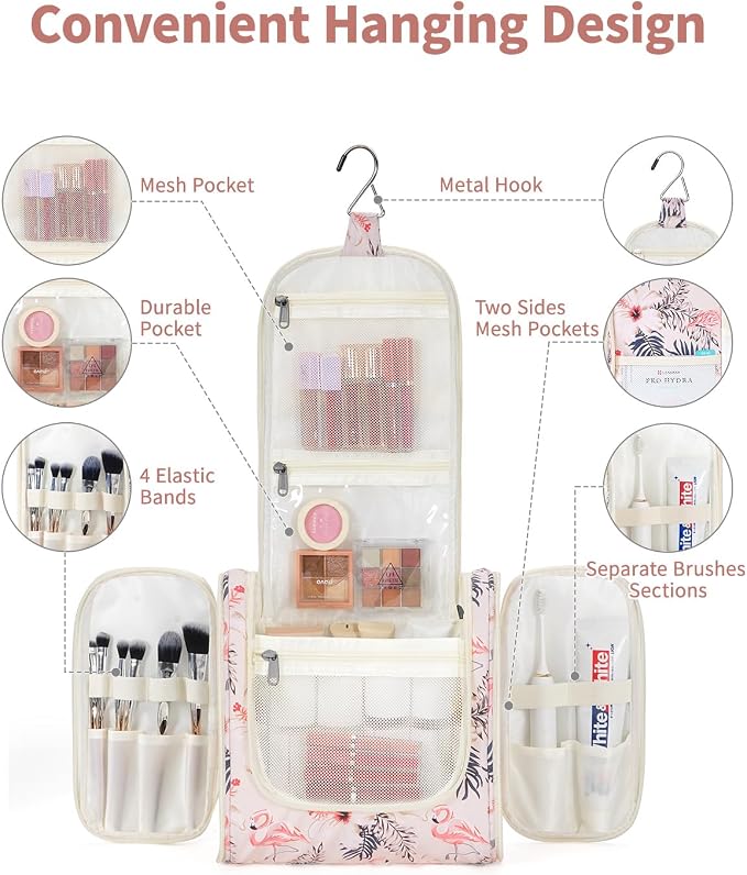 Narwey Hanging Toiletry Bag for Women Travel Makeup Bag Organizer Toiletries Bag for Cosmetics Essentials Accessories (Large, Beige Bird) - Image 2