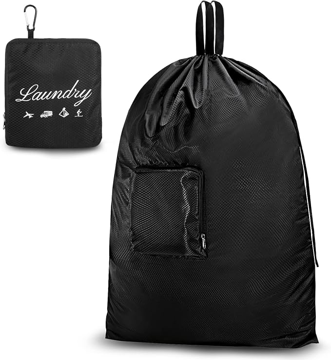 JHX Travel Laundry Bag XL, Extra large Dirty Clothes Organizer【Upgraded】with Handles and Aluminum Carabiner for Travel, Camp, Fitness, and Students (Thickened - Black) 32"H x 23"W by JHX