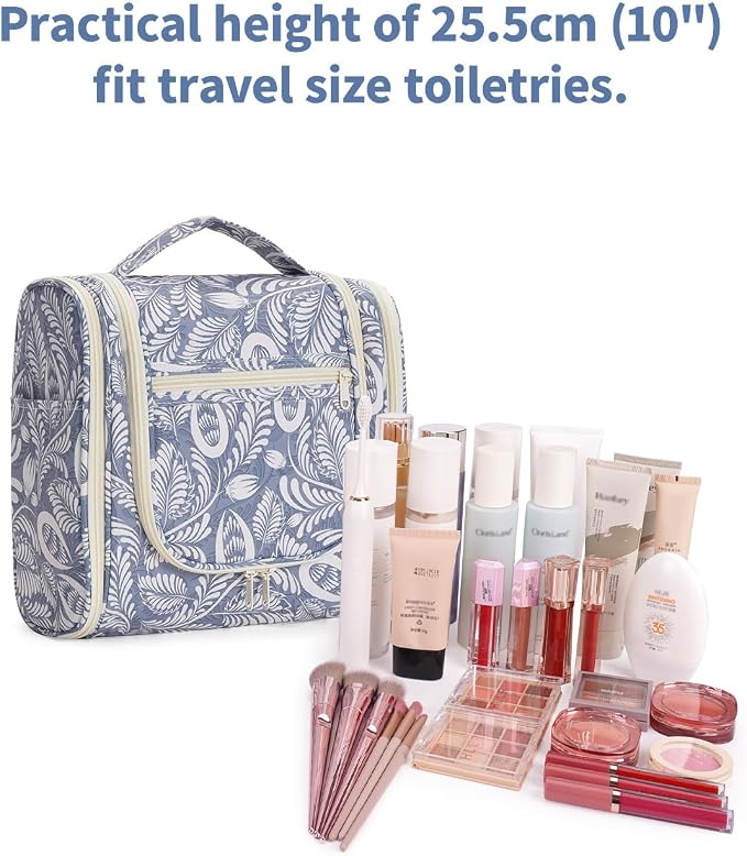 Narwey Hanging Toiletry Bag for Women Travel Makeup Bag Organizer Toiletries Bag Men for Cosmetics Essentials Accessories(Large, Blue Leaf) - Image 4