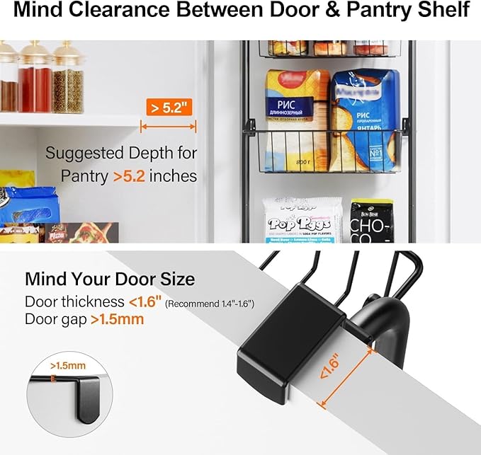 Delamu Narrow Over the Door Pantry Organizer, 6-Tier Metal Pantry Door Organization and Storage for Easy Install, Hanging Spice Rack Seasoning Shelves for Cabinet & Kitchen, D5 x W13 x H50 inch, Black - Image 3