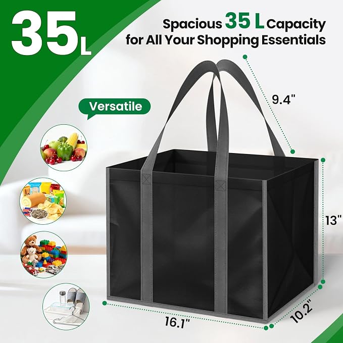 Reusable Grocery Bags for Shopping with Long Handles, 3 Pack, Black | Multipurpose Shopping Bags for Groceries, Foldable Grocery Totes Resist Water & Stains for Kitchen, Car Trunk, Picnic - Image 3