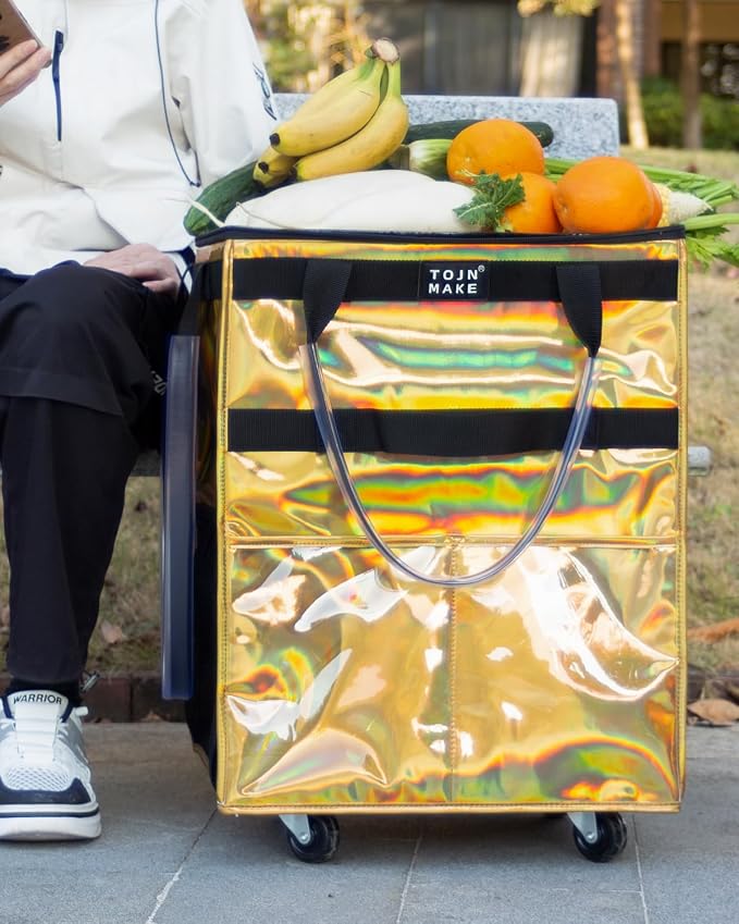 Reusable Grocery Bag with Wheels, Medium Glitter Gold Rolling Tote | 8 Pockets, Zipper Cover, Foldable for Women, Kitchen, Travel, Carries Up to 66LBS - Image 2