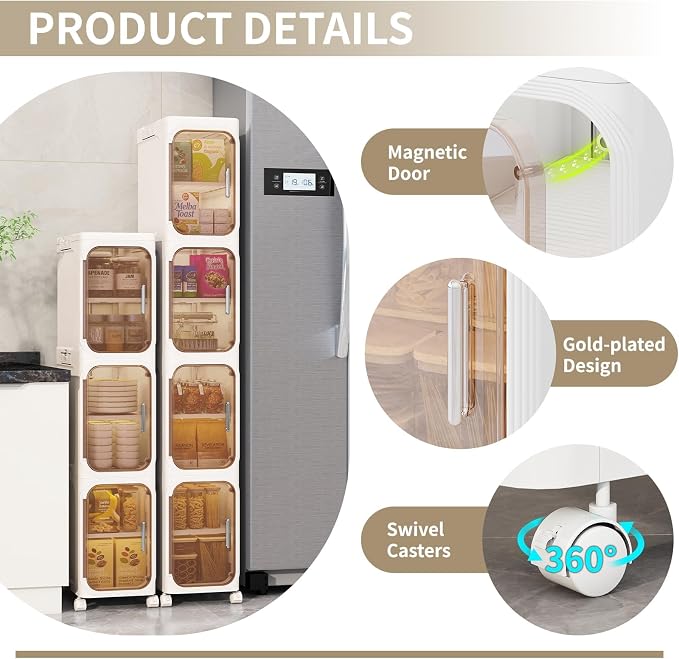 2 Tier Slim Bathroom Storage Cabinet, Foldable and Movable, Beige | Tools Free, ABS and PET, Magnetic Clear Door, Adjustable Shelves, Lockable Wheels, Water Resistant, For Narrow Space - Image 4