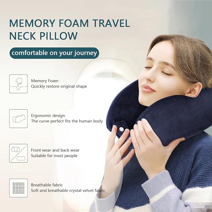 Travel Neck Pillow Airplane Soft U Shaped Neck Pillows Dark Blue | Memory Foam, Removable Washable, Suitable for Airplanes Traveling Trains Bus Offices - Image 4