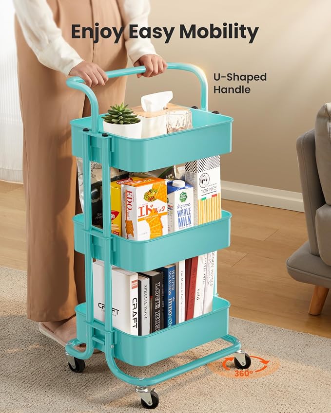 Pipishell Metal 3 Tier Rolling Cart with Handle & Wheels, Turquoise | Four Large 2" Wheels for Easier Movement, Sturdy Metal, Hold 22 lbs per Shelf, Ventilated Mesh Design, for Office and Kitchen - Image 4