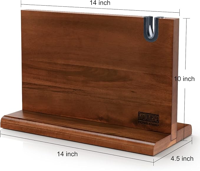 HOSHANHO Magnetic Knife Block 14 x 10", Double Sided Magnetic Knife Holder | Magnetic Knife Storage Stand for Kitchen Counter, Acacia Wood Knife Stand Rack with Knife Sharpener, Kitchen Organizer, Gifts - Image 5