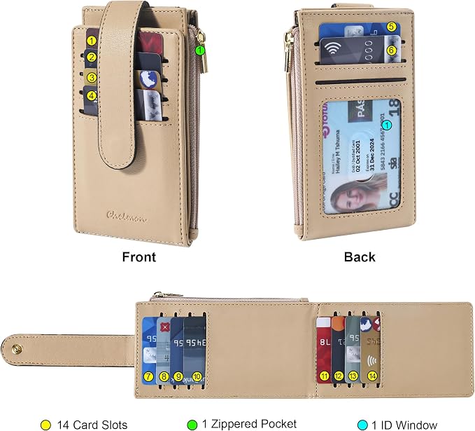 Chelmon Women's RFID Slim Card Holder Wallet | Thin Bifold Multi Card Case with Zipper Coin Pocket Purse for Women(Khaki) - Image 4