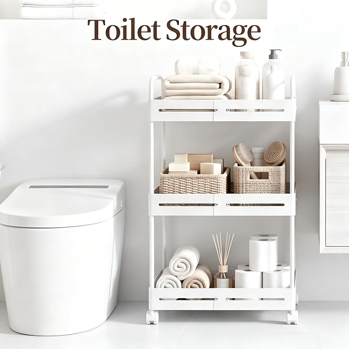 Extendable 3 Tier Heavy Duty Metal Utility Cart for Bath, White | Adjustable Storage Slim Cart | with 360° Swivel Wheels Cart | Detachable | Perfect for Laundry, Kitchen, Office, Garage - Image 5