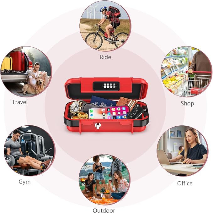 LOFICOPER Travel Safe Lock Box, Waterproof Beach Lock Box, Anti-Theft Personal Security Case with 4 Digit Resetable Code, Removable Chain, Portable Safe for Travel, Home, Office, Keys, Cash, Red - Image 7