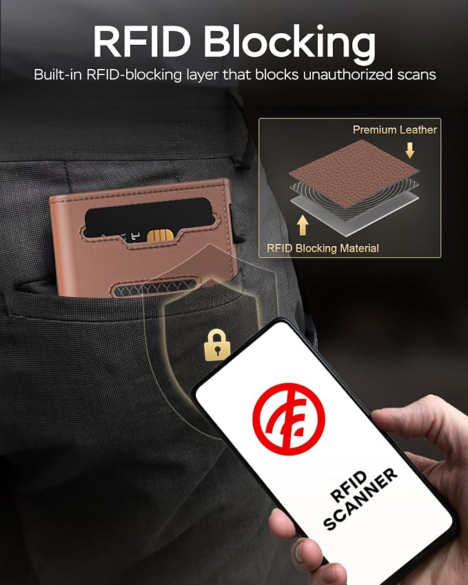 Mens Wallet Card Holder for Air Tag - RFID Blocking Wallet for Men with AirTag Holder, Smart Pop up Aluminum Case, Trifold, Slim, Minimalist, Front Pocket, Premium Leather - ID Window | Cash Slot - Image 5