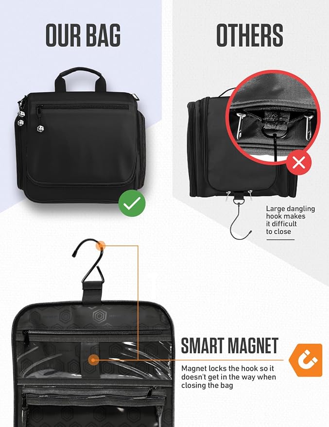 VENTURE 4TH Hanging Travel Toiletry Bag, 18 Compartments - Black | Hangs on rails, hooks or doors; stands upright. Removable TSA pouch. Water-resistant Nylon 290D Twill, reinforced stitching. - Image 6