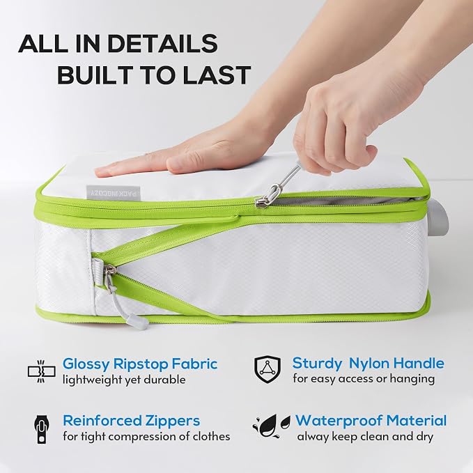 Compression Packing Cubes, 6 Set Packing Cubes for Travel Compression, Lightweight Compressible Package Organizer for Carry On and Suitcases, White and Green - Image 2