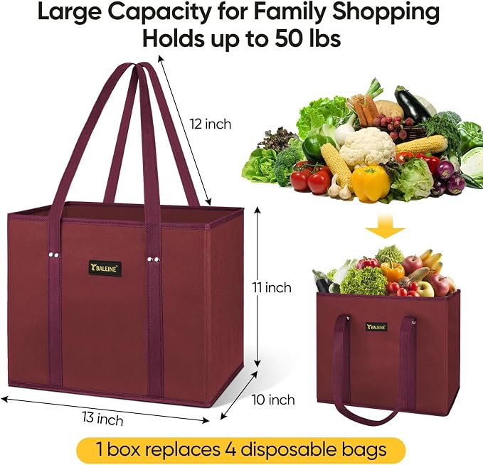 BALEINE 3PK Reusable Grocery Bags, Heavy Duty Shopping Tote Bag | 12'' Long Handles, Reinforced Bottom Keeps Upright, Fold Flat Storage, Water-Resistant Shopping Bag, Multiple Color Options - Image 2