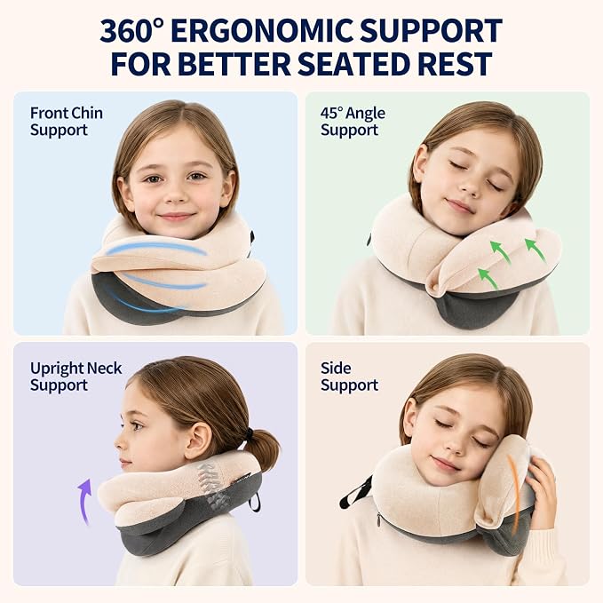 Kids Travel Pillows for Airplane, Memory Foam 360° Head Support Sleeping Essentials for Long Flight, Skin-Friendly Soft Neck Pillow for Traveling in Car Seat, (Small, Beige Grey, 40-90 lbs) - Image 2