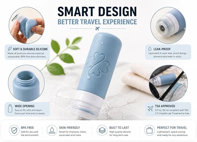 18 Pack TSA Approved Travel Bottles for Toiletries – Leak Proof Silicone Refillable Containers Set with Toiletry Bag, Squeeze Bottles, Spray Bottles & Cream Jars for Shampoo, Conditioner & Lotion - Image 2