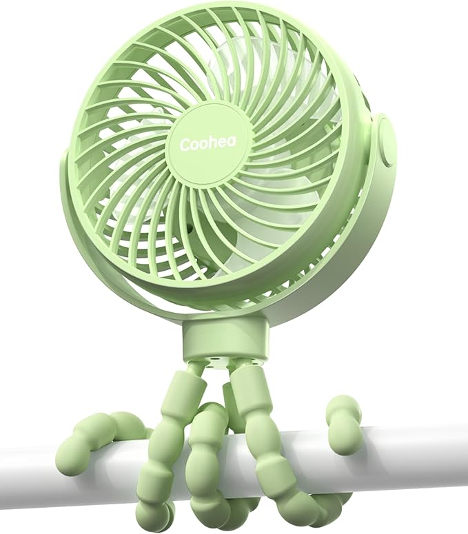 Coohea Clip on Stroller Fan, Rechargeable Long-Lasting Power Wind Fan | 4000mAh Battery Operated, 360° Rotatable Flexible Tripod, 3 Adjustable Speed, Portable Fan for Car Crib Backseat Beach Travel by Coohea