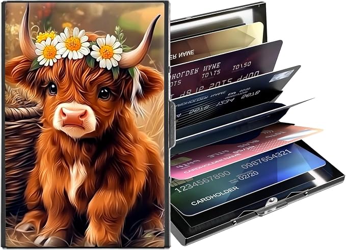 Metal Wallet,Credit Card Holder for Women,Slim RFID Blocking Credit Card Holder Thin Aluminum Wallet ID Case,6 Slot Business Mini Hard Metal Case for Women/Men,Highland Cow Cute by Unknown